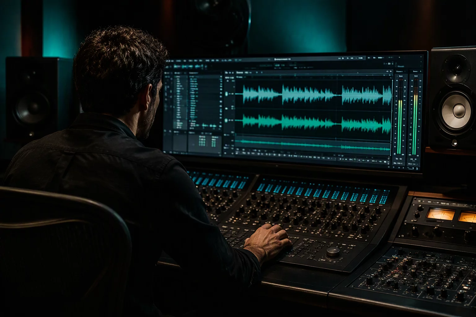 Audio engineer fine-tuning clip level gains on a professional DAW workstation