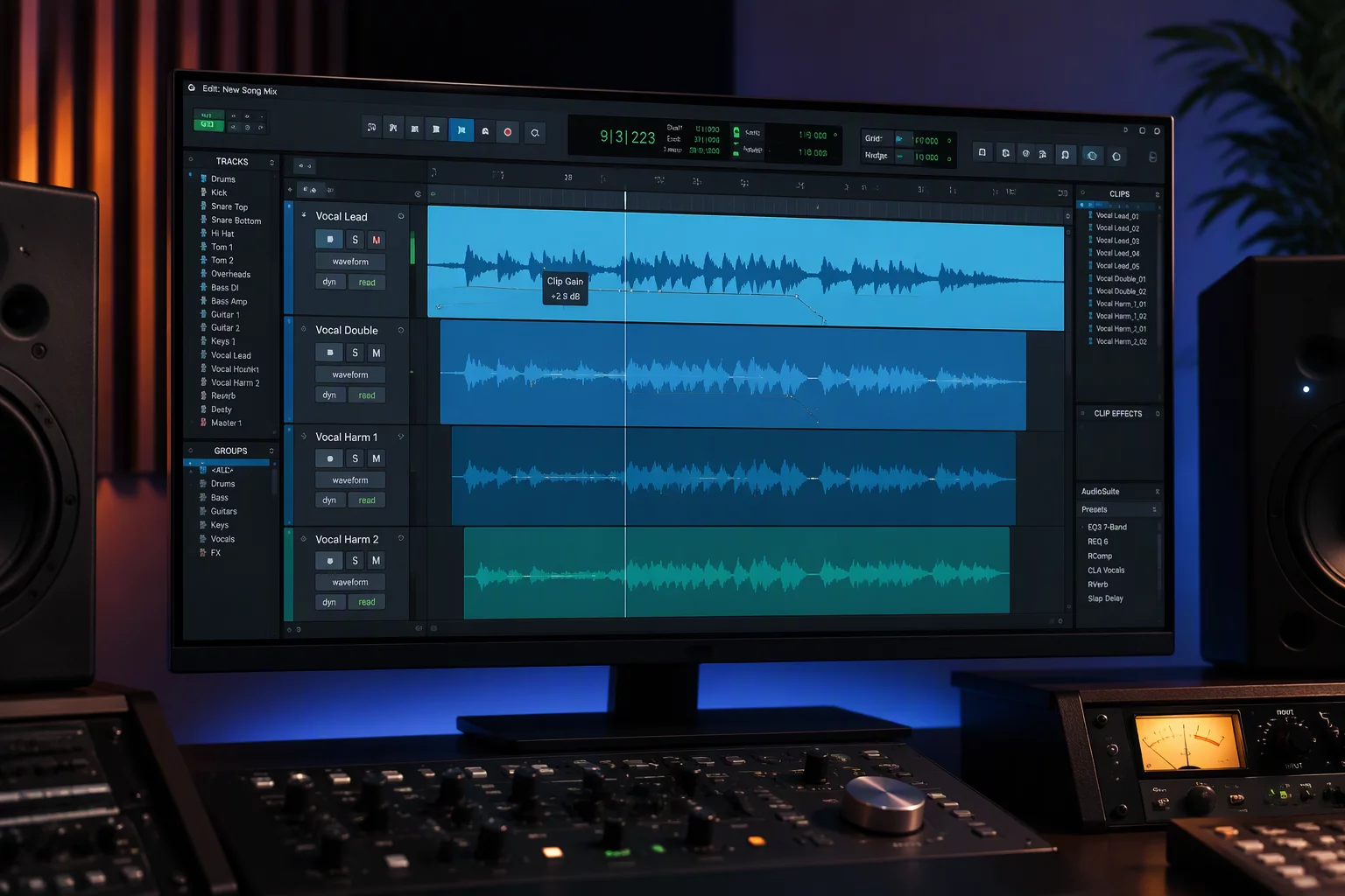 Digital audio workstation clip gain interface and waveform timeline