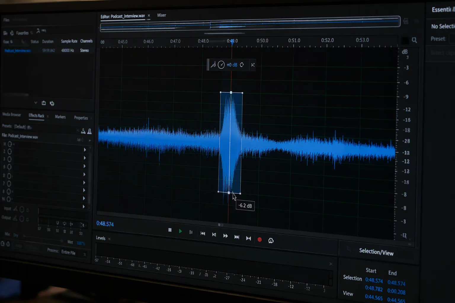 Close-up of a digital waveform display showing a single peak being reduced