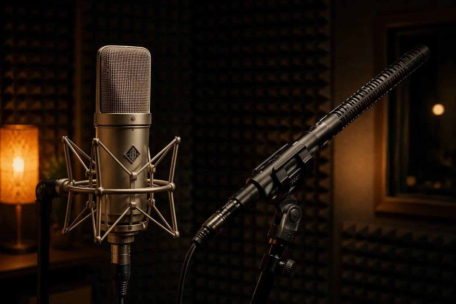 Two different audio microphones positioned in a recording studio