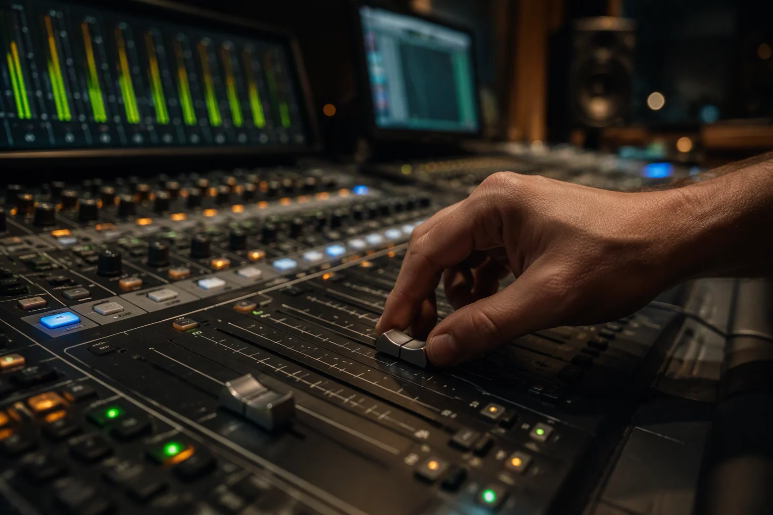 A hand manipulating a digital mixing console fader